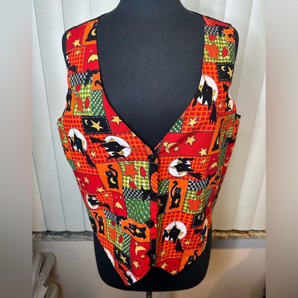 Basic Editions Halloween Vest Patchwork Design Bl… - image 2